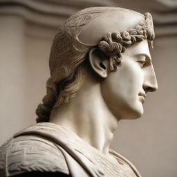 A 3/4 profile view of the face of a Seleucid Prince in a stone statue, with a war motivation theme