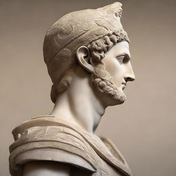 A 3/4 profile view of the face of a Seleucid Prince in a stone statue, with a war motivation theme