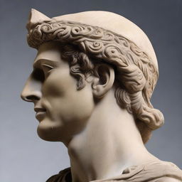 A 3/4 profile view of the face of a Seleucid Prince in a stone statue, with a war motivation theme