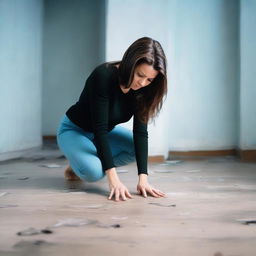 A brunette woman in her mid-20s, attractive, with her hair down, is wearing a black sweater and light blue leggings