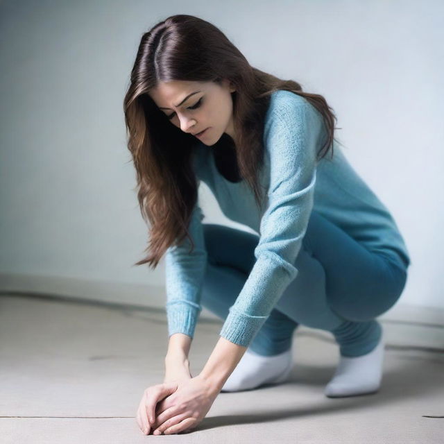 A brunette woman in her mid-20s, attractive, with her hair down, is wearing a black sweater and light blue leggings