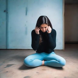 A brunette woman in her mid-20s, attractive, with her hair down, is wearing a black sweater and light blue leggings