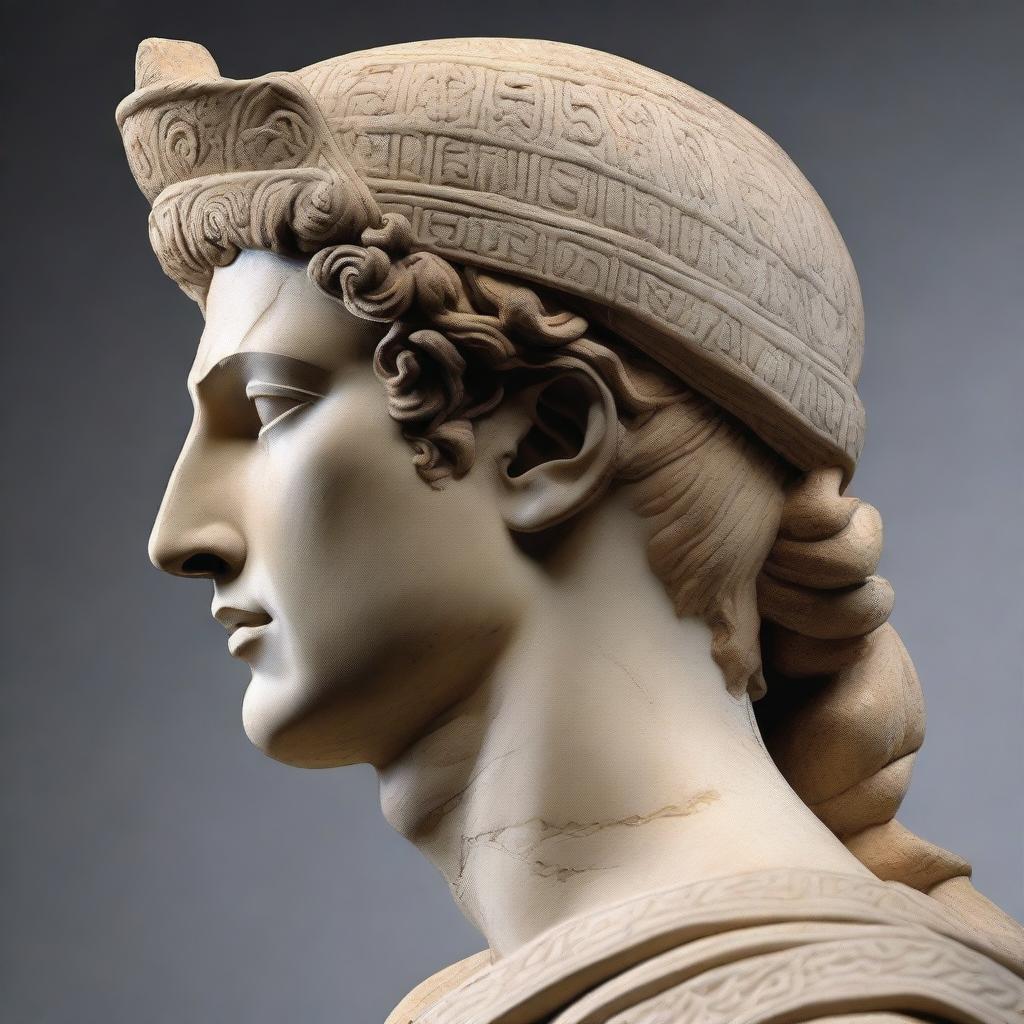 A 2/4 profile view of the face of a Seleucid Prince in a stone statue, with a war motivation theme