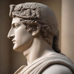 A 2/4 profile view of the face of a Seleucid Prince in a stone statue, with a war motivation theme