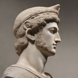 A 2/4 profile view of the face of a Seleucid Prince in a stone statue, with a war motivation theme