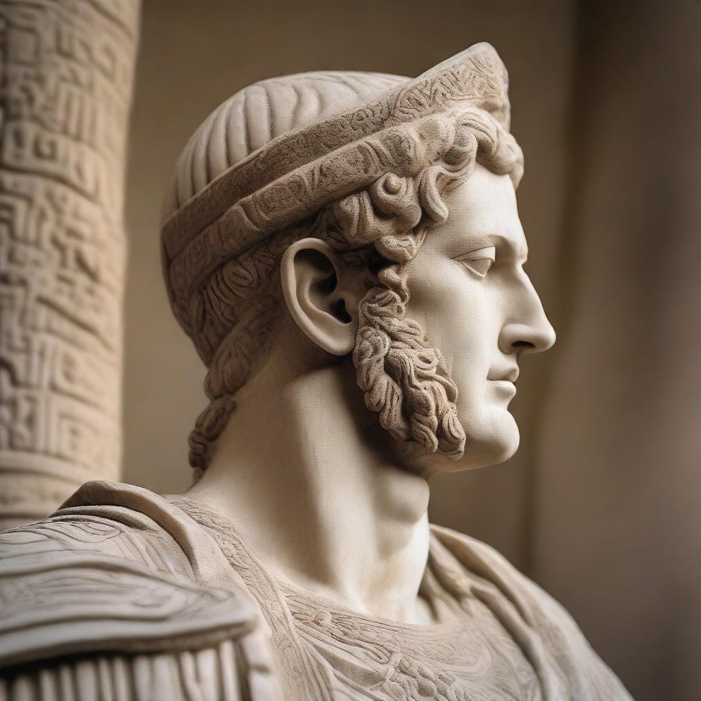 A 2/4 profile view of the face of a Seleucid Prince in a stone statue, with a war motivation theme