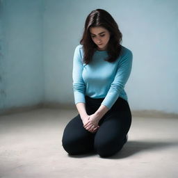 A brunette woman in her mid-20s, attractive, with her hair down, is wearing a black sweater and light blue leggings