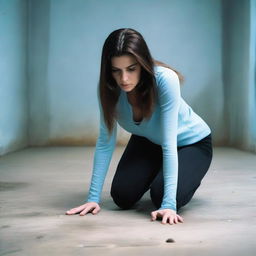 A brunette woman in her mid-20s, attractive, with her hair down, is wearing a black sweater and light blue leggings