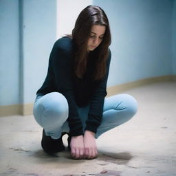 A brunette woman in her mid-20s, attractive, with her hair down, is wearing a black sweater and light blue leggings