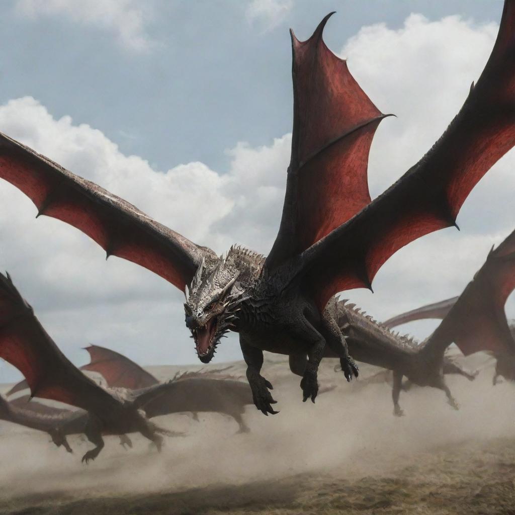 Entire Targaryen dragon flock in flight, with a main dragon striking a magnificent pose