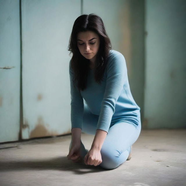 A brunette woman in her mid-20s, attractive, with her hair down, is wearing a black sweater and light blue leggings