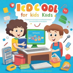 Create a book cover with a white background titled 'ICDL for Kids: Learning Computers the Fun Way!'