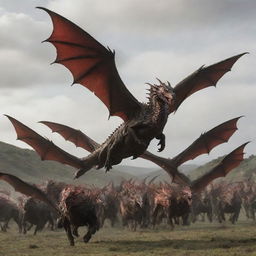 Entire Targaryen dragon flock in flight, with a main dragon striking a magnificent pose