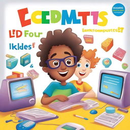 Create a book cover with a white background titled 'ICDL for Kids: Learning Computers the Fun Way!'