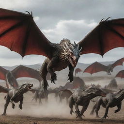 Entire Targaryen dragon flock in flight, with a main dragon striking a magnificent pose