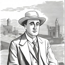 Draw a portrait of Antonio Machado in the center of the illustration, based on a well-known photograph, showing his face with a serene and introspective expression