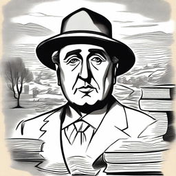 Draw a portrait of Antonio Machado in the center of the illustration, based on a well-known photograph, showing his face with a serene and introspective expression