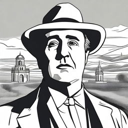 Draw a portrait of Antonio Machado in the center of the illustration, based on a well-known photograph, showing his face with a serene and introspective expression