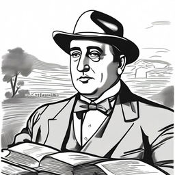 Draw a portrait of Antonio Machado in the center of the illustration, based on a well-known photograph, showing his face with a serene and introspective expression