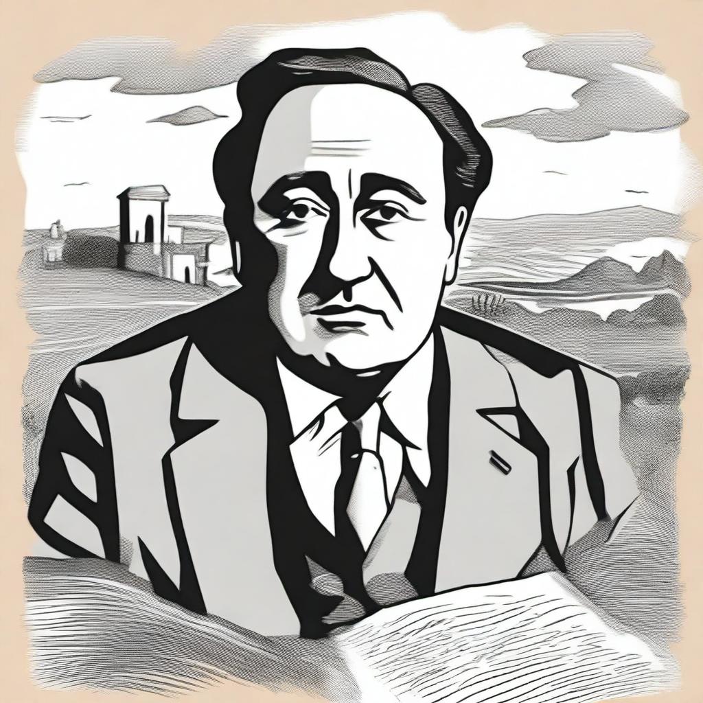 Draw a portrait of Antonio Machado in the center of the illustration, based on a well-known photograph of him, showing his face with a serene and introspective expression