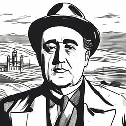 Draw a portrait of Antonio Machado in the center of the illustration, based on a well-known photograph of him, showing his face with a serene and introspective expression