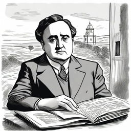 Draw a portrait of Antonio Machado in the center of the illustration, based on a well-known photograph of him, showing his face with a serene and introspective expression