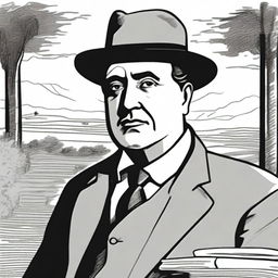 Draw a portrait of Antonio Machado in the center of the illustration, based on a well-known photograph of him, showing his face with a serene and introspective expression