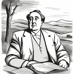 Draw a portrait of Antonio Machado in the center of the illustration, based on a well-known photograph of him, showing his face with a serene and introspective expression