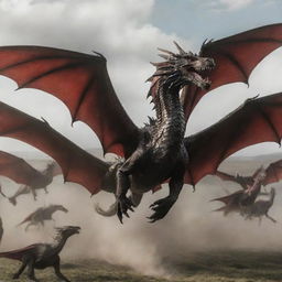 Entire Targaryen dragon flock in flight, with a main dragon striking a magnificent pose