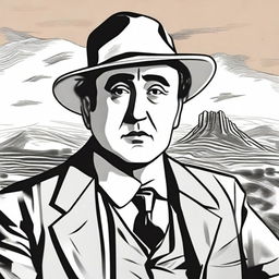 Draw a portrait of Antonio Machado in the center of the illustration, based on a well-known photograph of him, showing his face with a serene and introspective expression