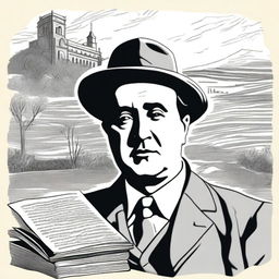 Draw a portrait of Antonio Machado in the center of the illustration, based on a well-known photograph of him, showing his face with a serene and introspective expression