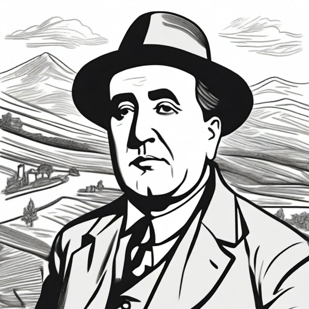 Draw a portrait of Antonio Machado in the center of the illustration, based on a well-known photograph of him, showing his face with a serene and introspective expression