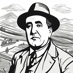 Draw a portrait of Antonio Machado in the center of the illustration, based on a well-known photograph of him, showing his face with a serene and introspective expression