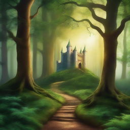 Create a captivating book cover featuring a magical forest with glowing trees and a mysterious path leading to an ancient castle in the distance