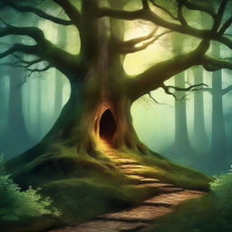 Create a captivating book cover featuring a magical forest with glowing trees and a mysterious path leading to an ancient castle in the distance