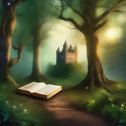 Create a captivating book cover featuring a magical forest with glowing trees and a mysterious path leading to an ancient castle in the distance