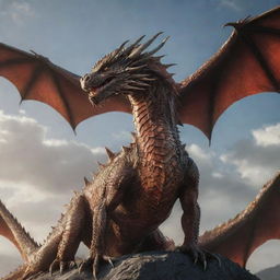 A majestic dragon holding a pose, with all Targaryen dragons flying around it in the sky