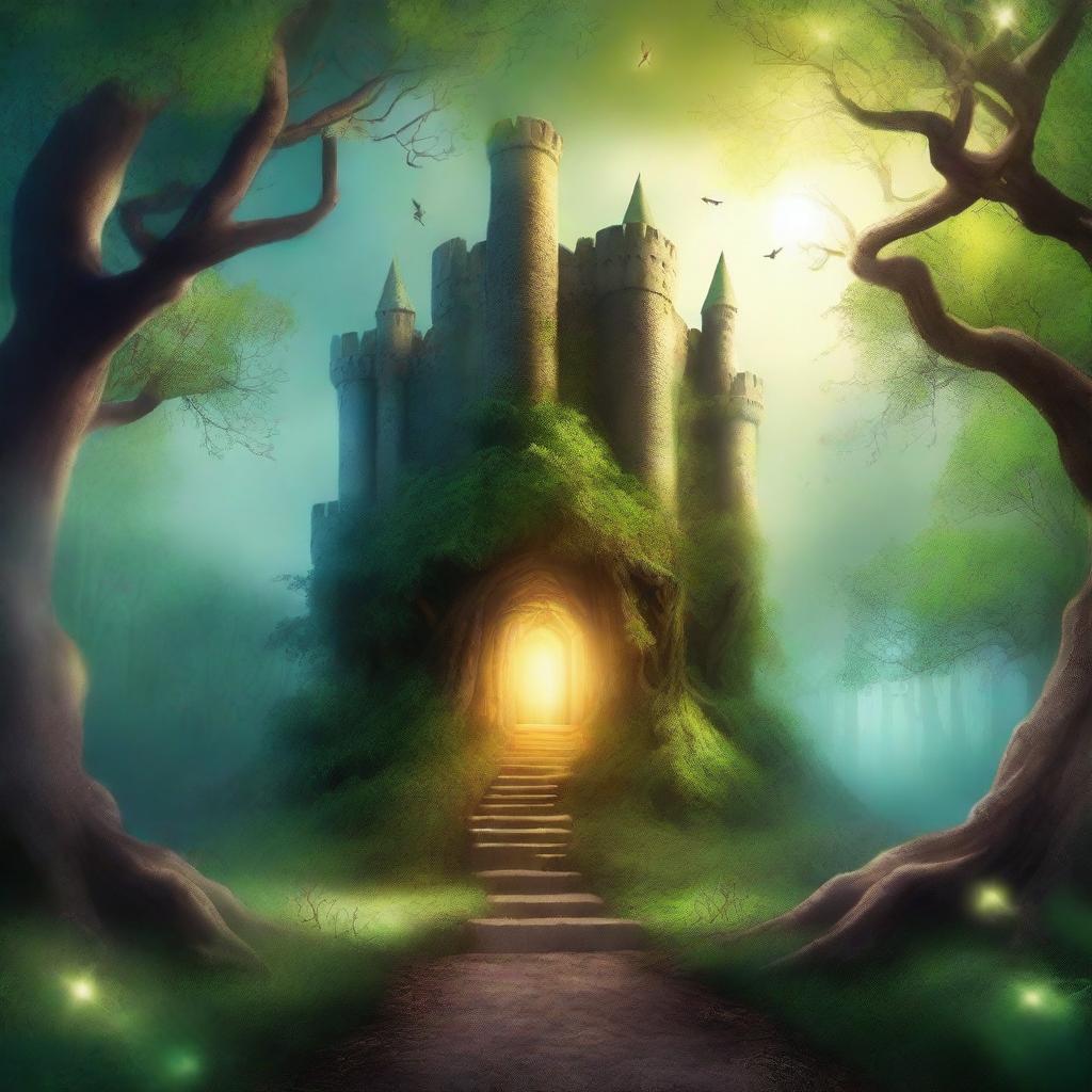 Create a captivating book cover featuring a magical forest with glowing trees and a mysterious path leading to an ancient castle in the distance