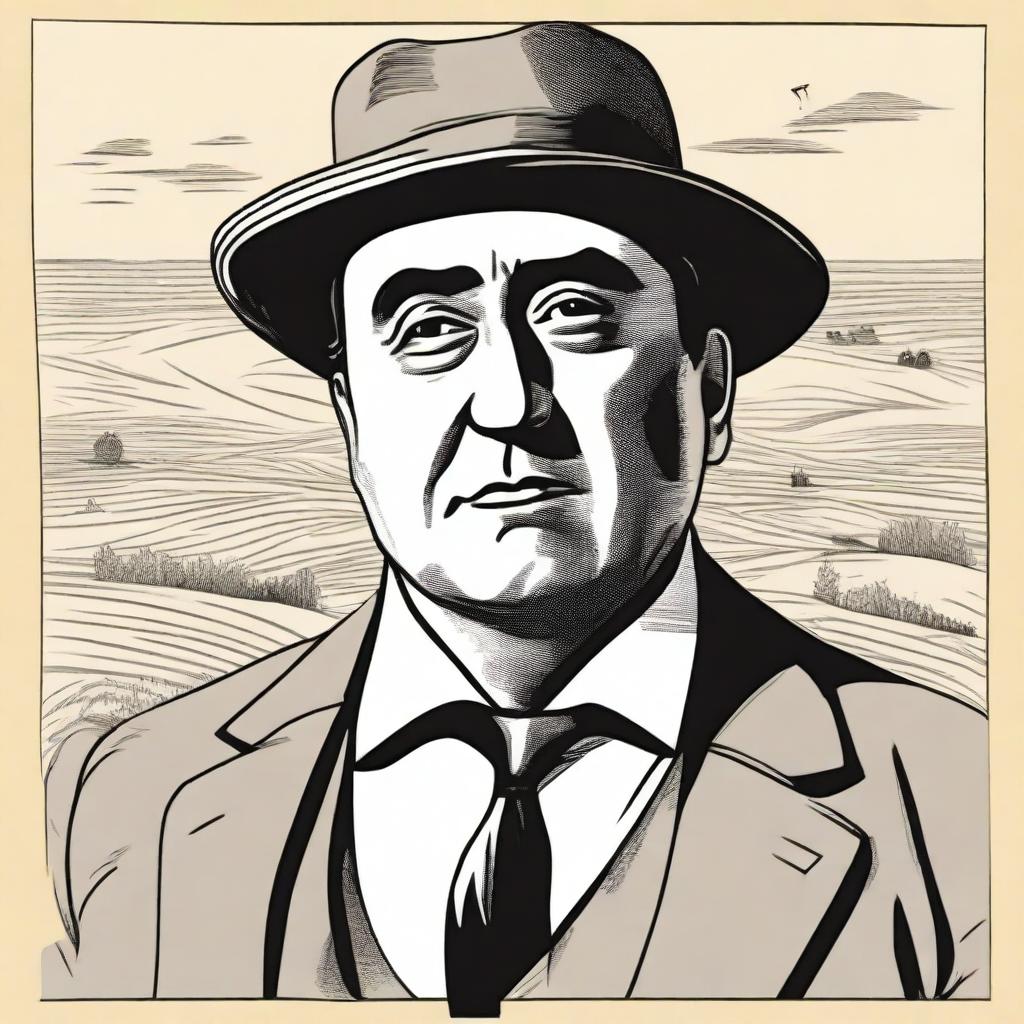 Draw a portrait of Antonio Machado in the center of the illustration, based on a well-known photograph of him, showing his face with a serene and introspective expression