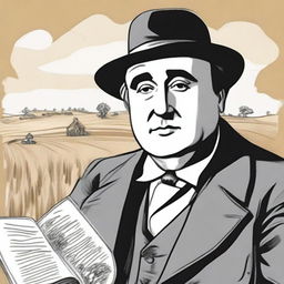 Draw a portrait of Antonio Machado in the center of the illustration, based on a well-known photograph of him, showing his face with a serene and introspective expression