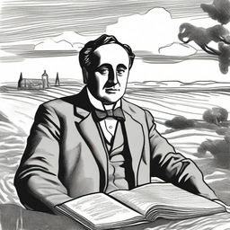 Draw a portrait of Antonio Machado in the center of the illustration, based on a well-known photograph of him, showing his face with a serene and introspective expression