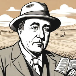 Draw a portrait of Antonio Machado in the center of the illustration, based on a well-known photograph of him, showing his face with a serene and introspective expression