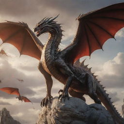 A majestic dragon holding a pose, with all Targaryen dragons flying around it in the sky