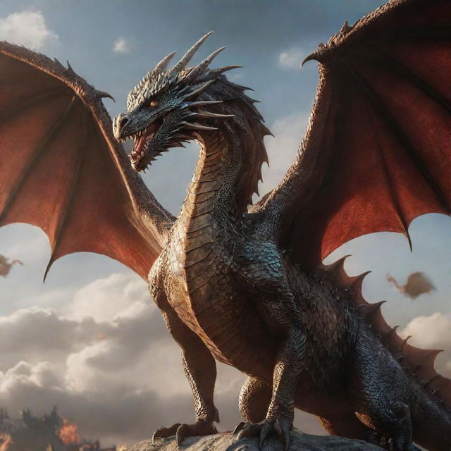 A majestic dragon holding a pose, with all Targaryen dragons flying around it in the sky