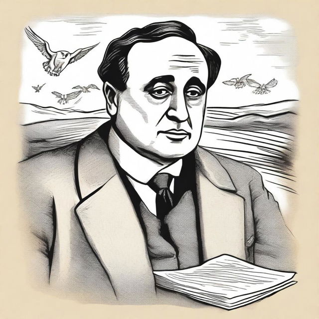 Draw a portrait of Antonio Machado in the center of the illustration, showing his face with a serene and introspective expression