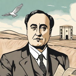 Draw a portrait of Antonio Machado in the center of the illustration, showing his face with a serene and introspective expression