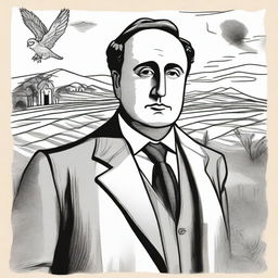 Draw a portrait of Antonio Machado in the center of the illustration, showing his face with a serene and introspective expression