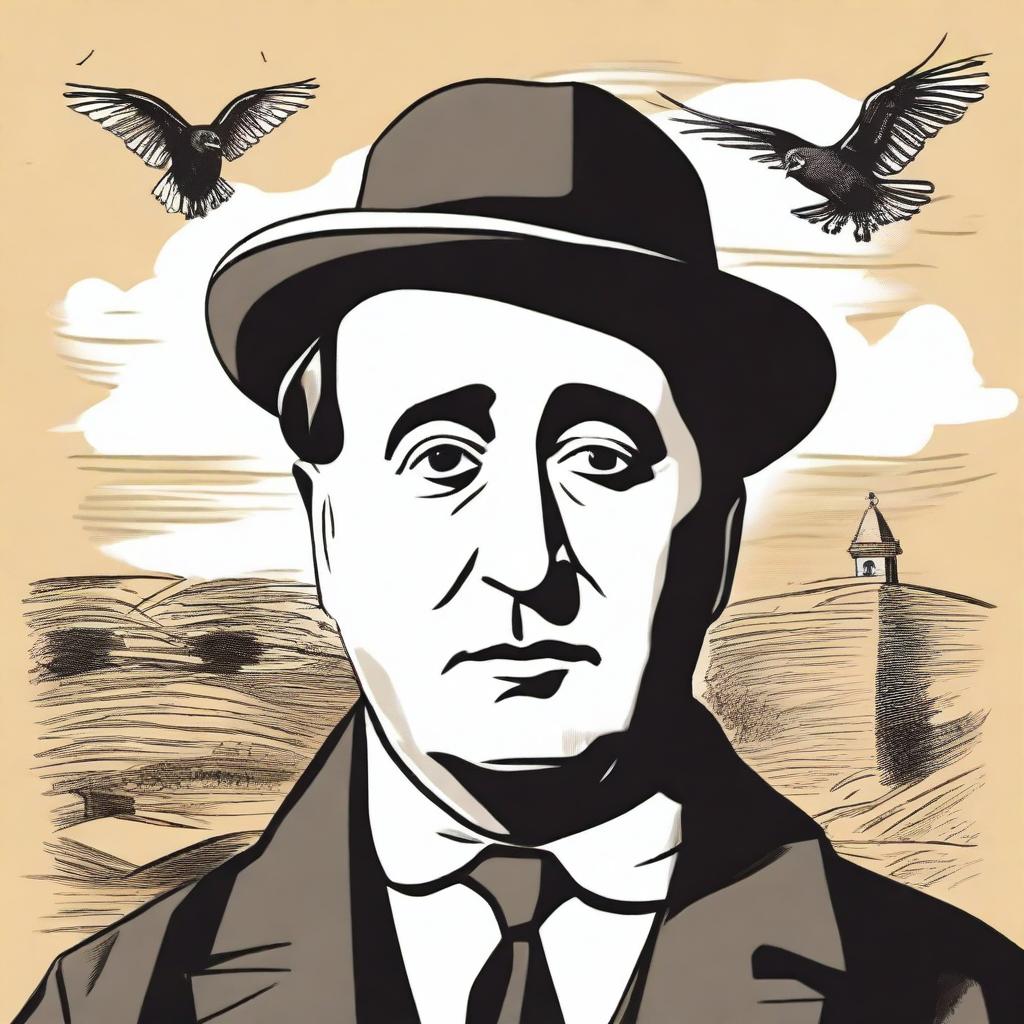 Draw a portrait of Antonio Machado in the center of the illustration, showing his face with a serene and introspective expression