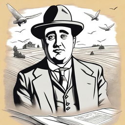 Draw a portrait of Antonio Machado in the center of the illustration, showing his face with a serene and introspective expression