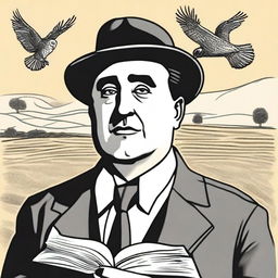 Draw a portrait of Antonio Machado in the center of the illustration, showing his face with a serene and introspective expression